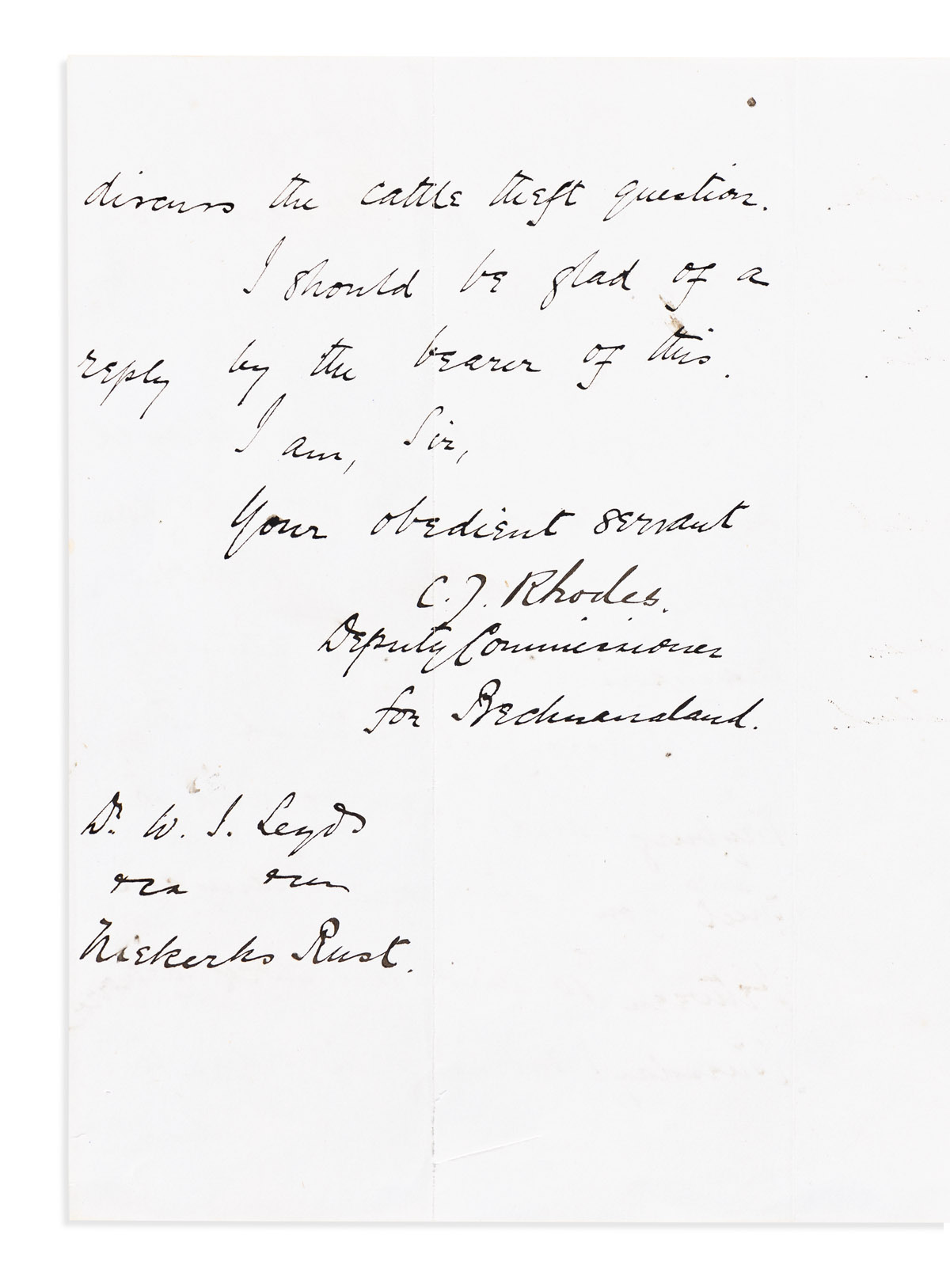 RHODES, CECIL. Autograph Letter Signed, C.J. Rhodes, as Deputy Commissioner for Bechuanaland, to State Attorney for the Transvaal Wil